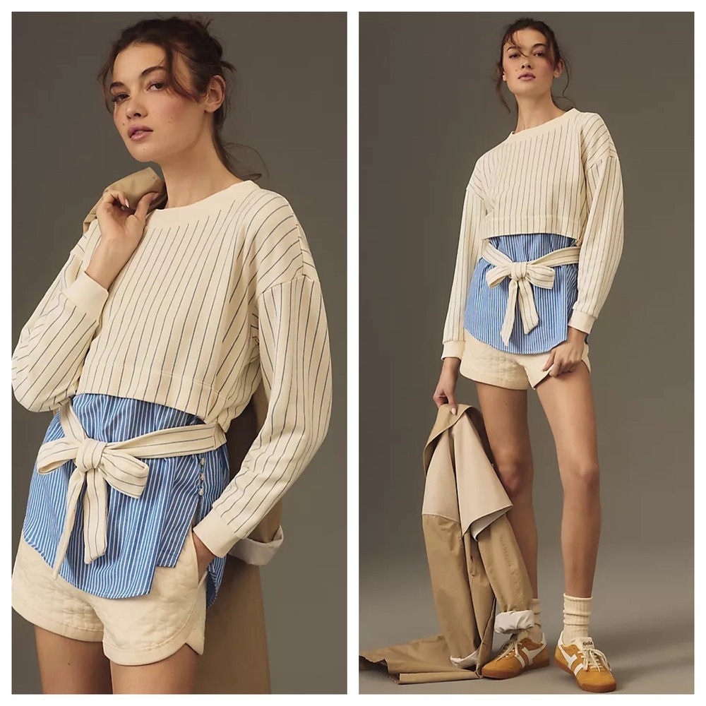 Anthropologie French Terry Twofer Sweatshirt Striped Mixed Media Top Blue M